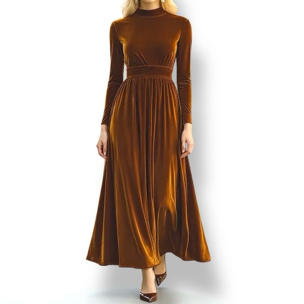 Elegant Long Sleeve Velvet Maxi Dress in Brown - Brand